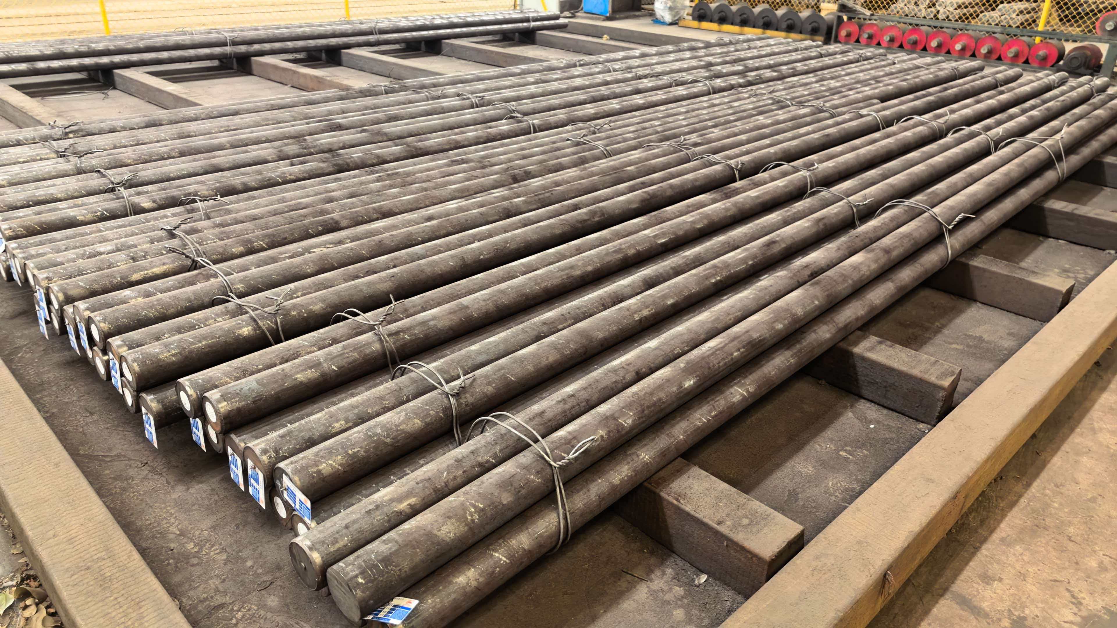 Bundles of steel bars in manufacturing facility